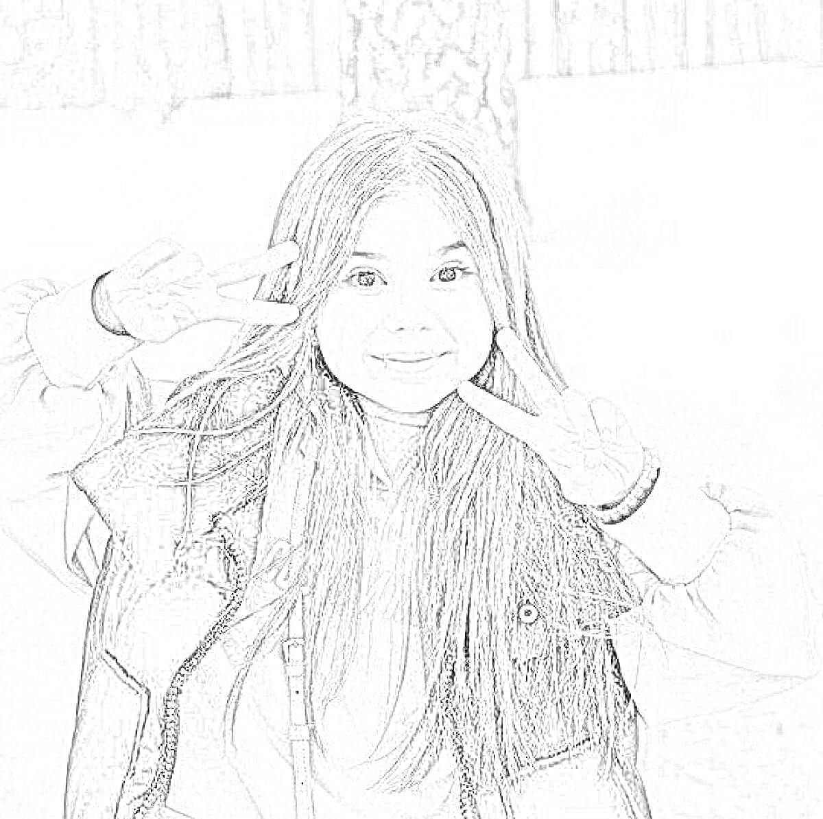 На раскраске изображено: Девочка, Длинные волосы, Зимний лес, Снег, Природа, Куртка, Капюшон