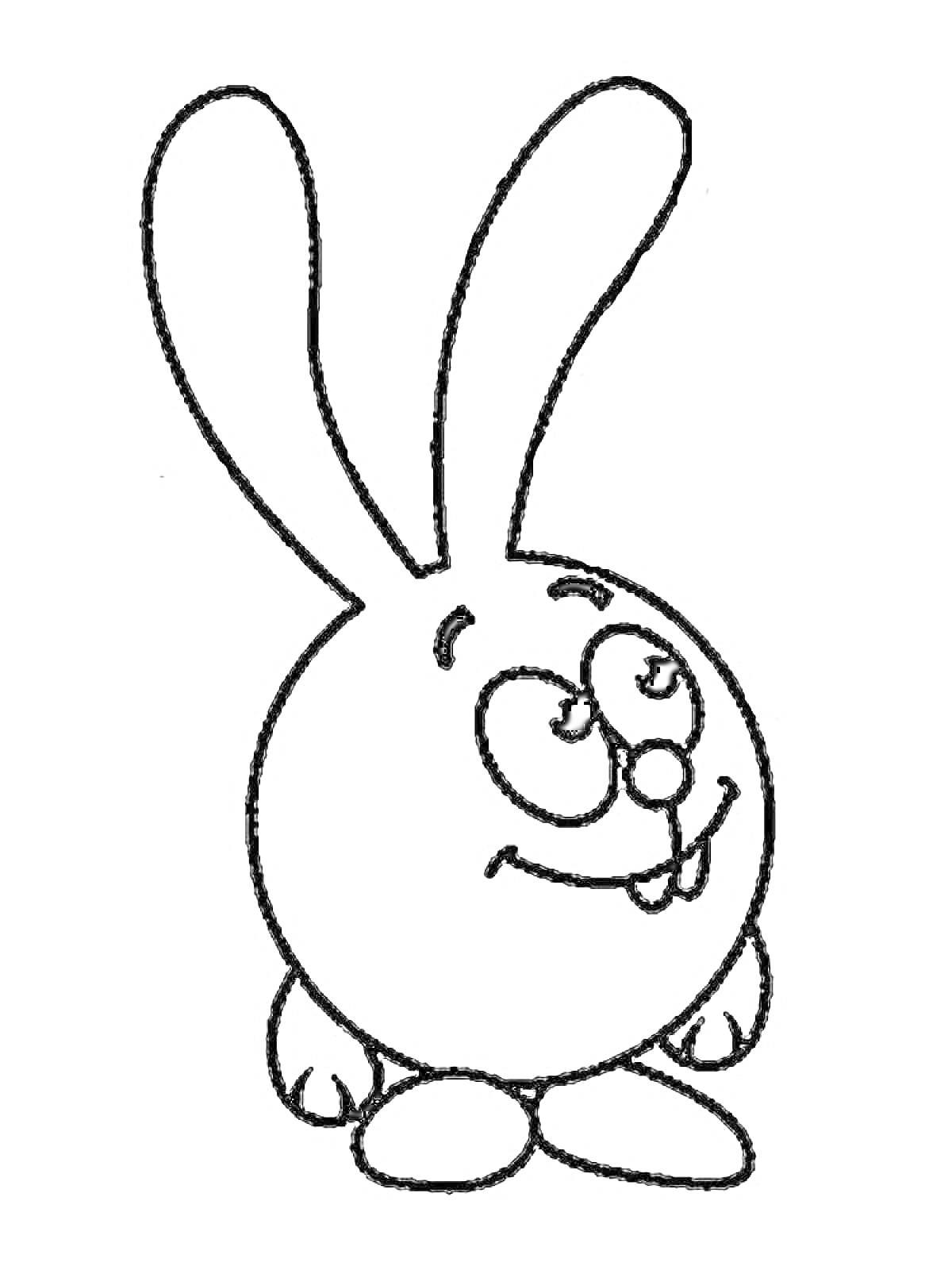 На раскраске изображено: Кролик, Длинные уши, Улыбка, Из мультфильмов, Круглая форма, Лапы