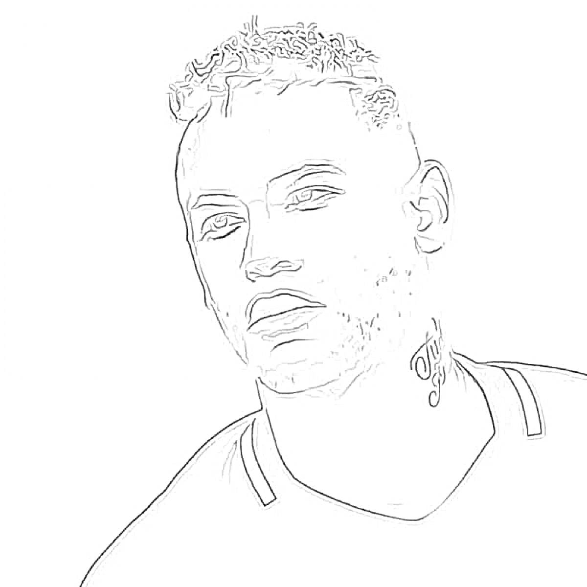 Раскраска Портрет молодого человека с короткими волосами, линиями на футболке и татуировкой на шее