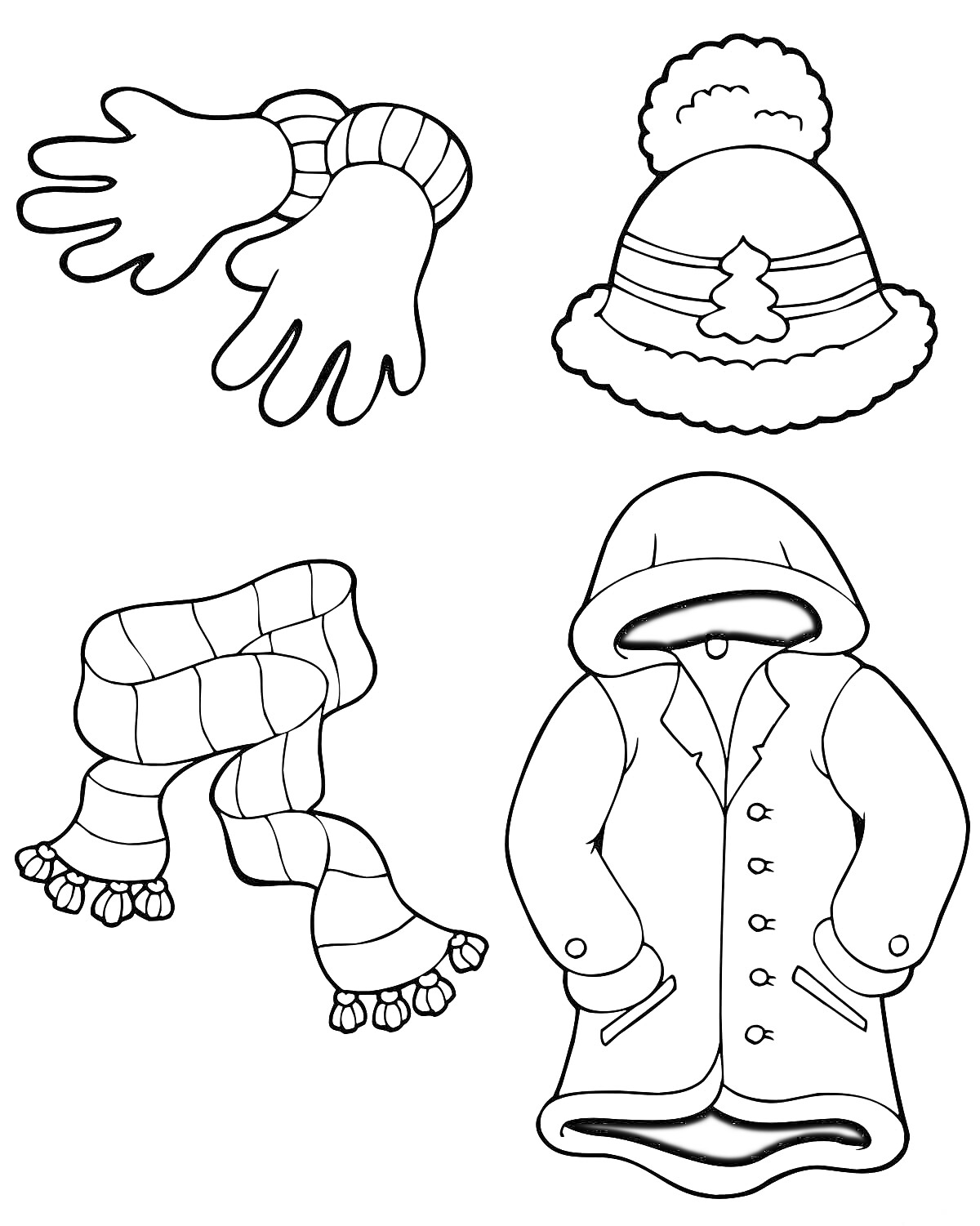 Раскраска Зимняя одежда - варежки, шапка, шарф, пальто