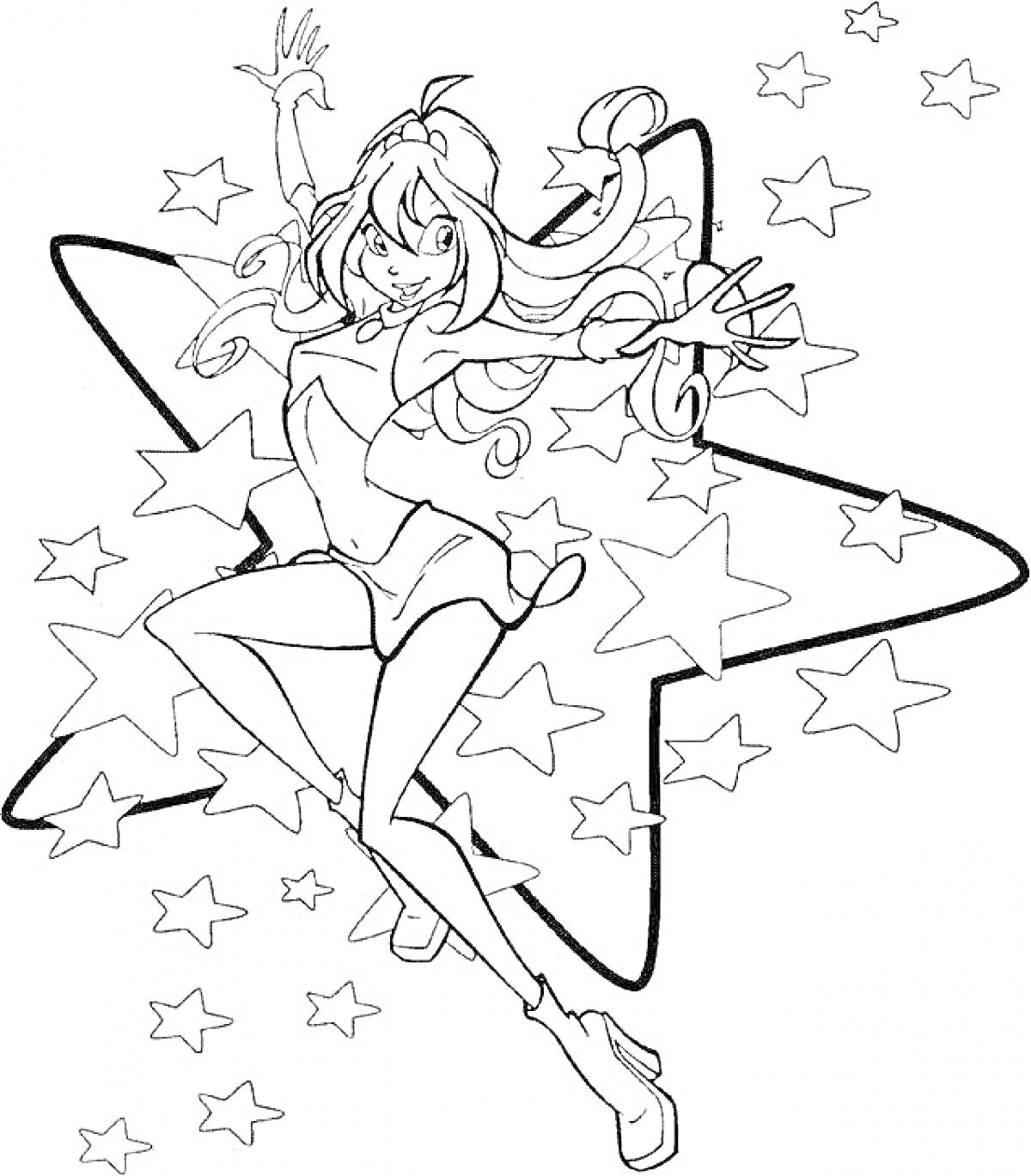 Раскраска Девушка-фея с длинными волосами в коротких шортах на фоне звёзд