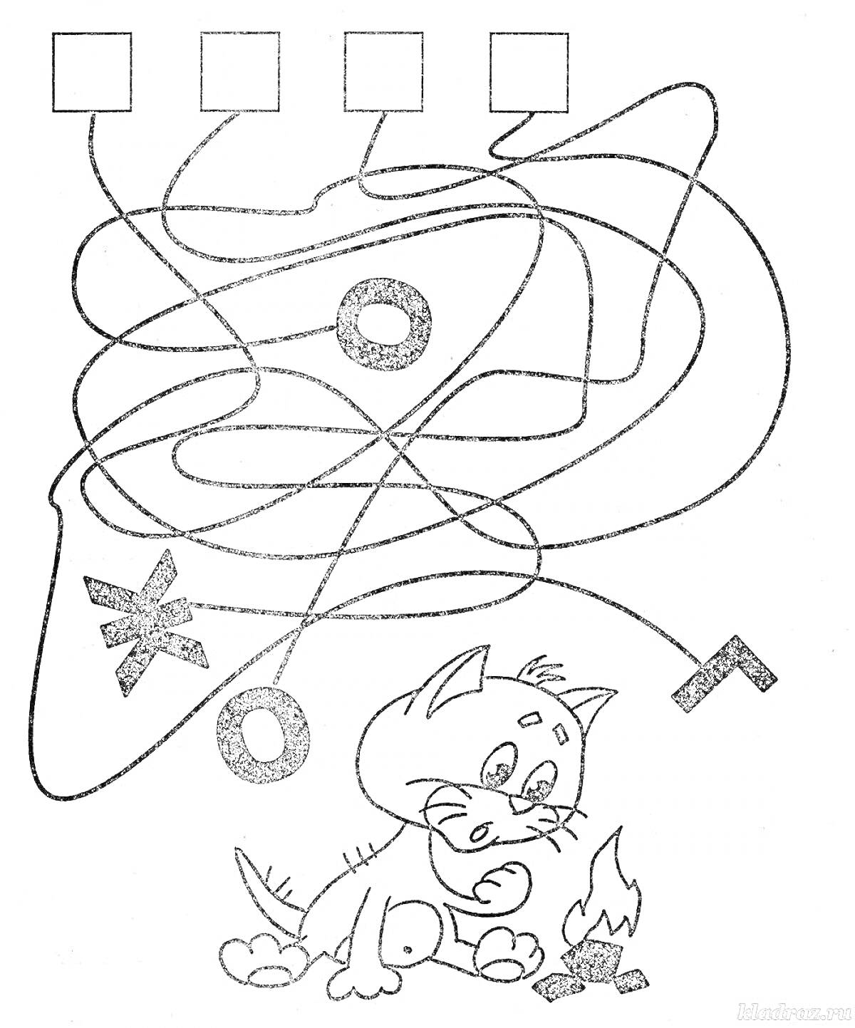 Раскраска Лабиринт с котом и геометрическими символами (звезда, круг, квадрат)
