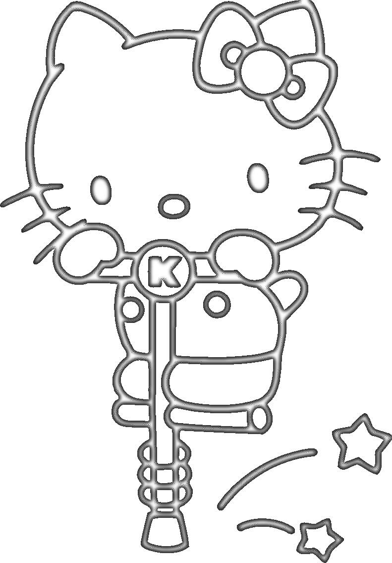 На раскраске изображено: Китти, Звезды, Бант, Комиксы, Прыжки, Мультяшный кот