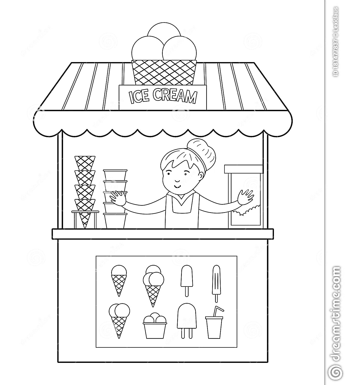 Раскраска Продавец мороженого в киоске с вафельными рожками и мороженым на палочке