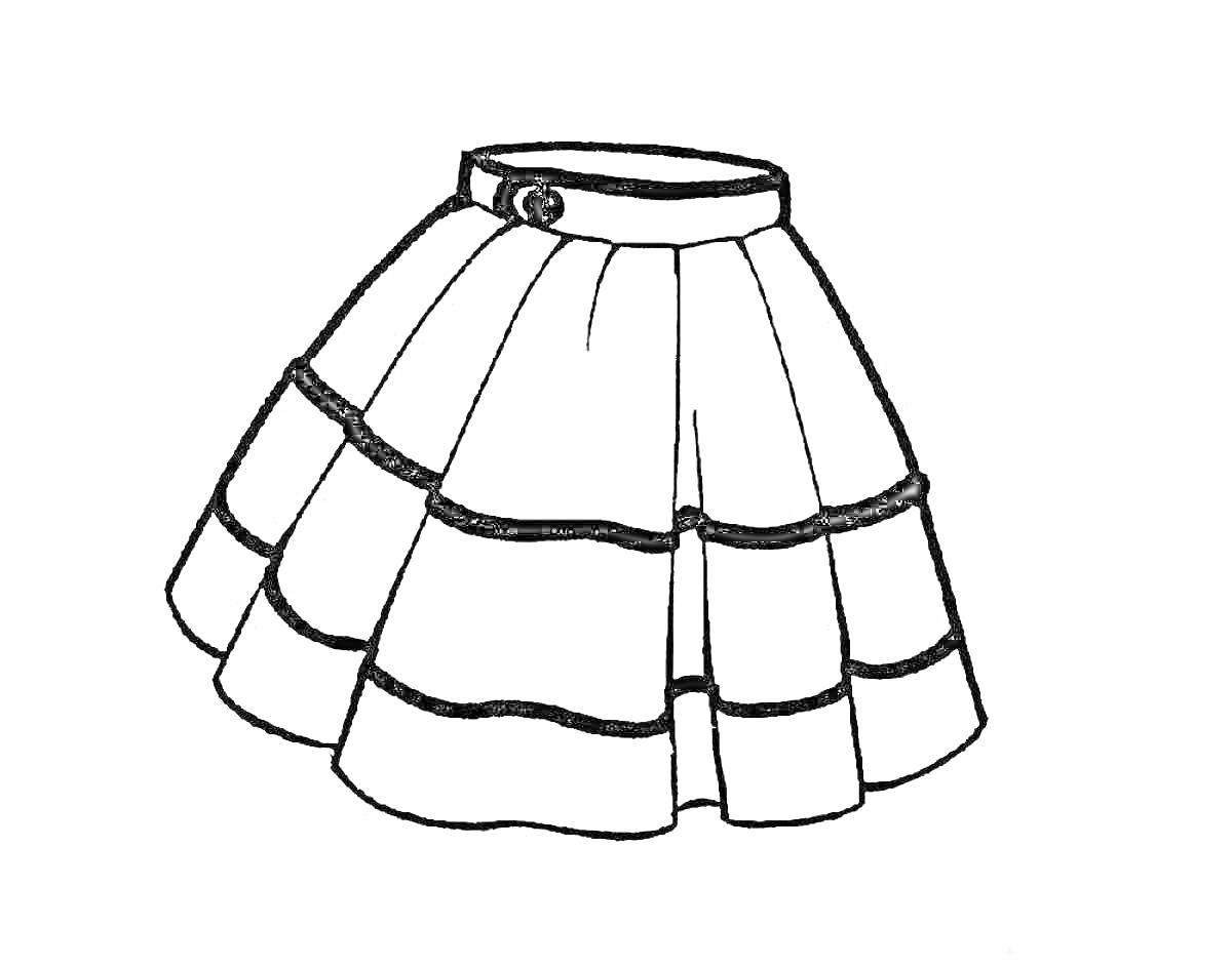Раскраска юбка с поясом и пуговицей, с тремя горизонтальными полосами
