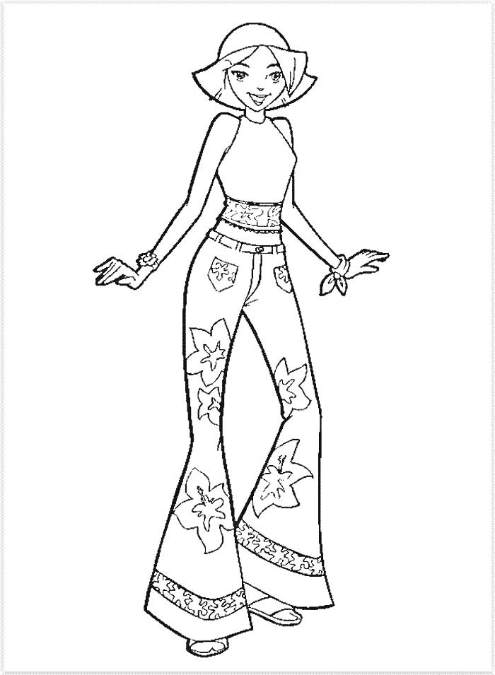 Девушка из Тотали спайс в топе и расклешенных брюках с цветочным орнаментом