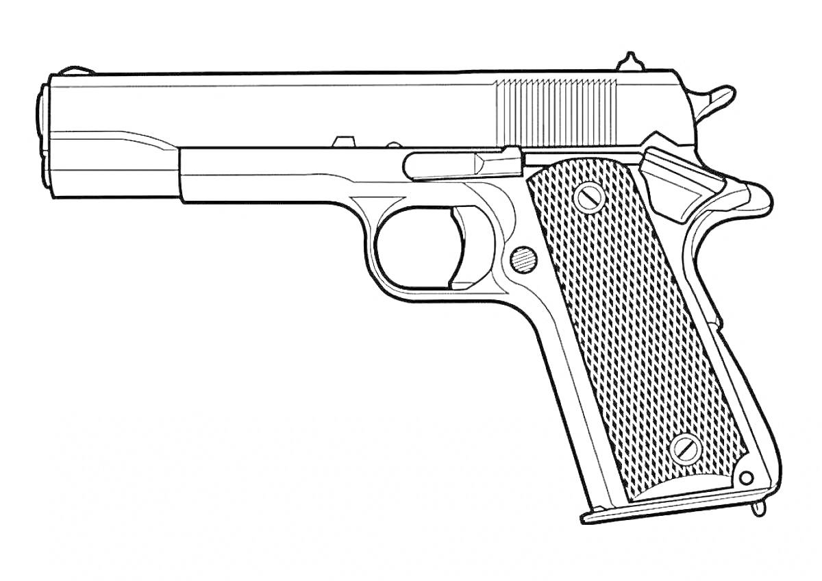 На раскраске изображено: Пистолет, Оружие, Рукоятка, Спусковой крючок, Разукрашка, Стрельба