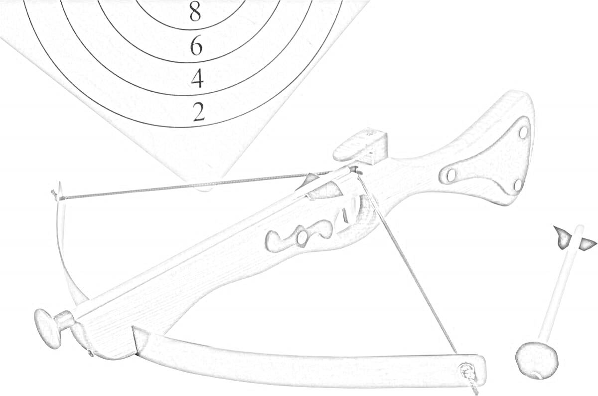 На раскраске изображено: Арбалет, Мишень, Оружие, Спорт, Стрельба