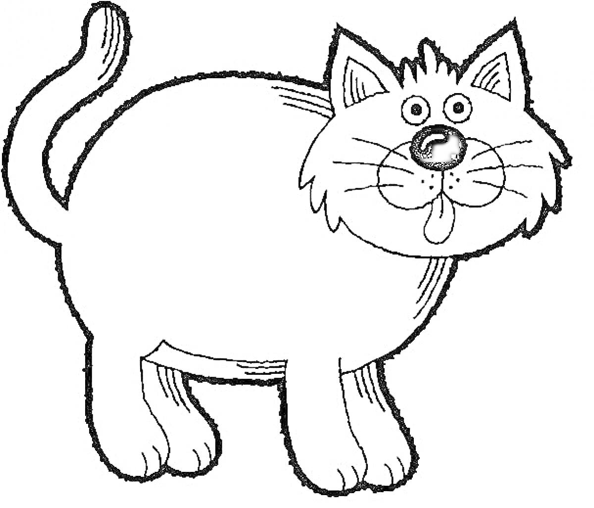 Раскраска Кот с длинным хвостом, выдающимся языком и большими глазами