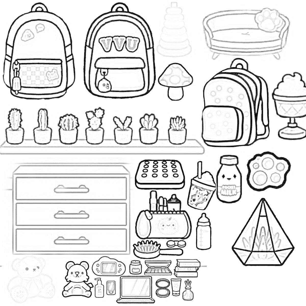 Раскраска Школьные рюкзаки, кактусы в горшках, мебель и предметы интерьера