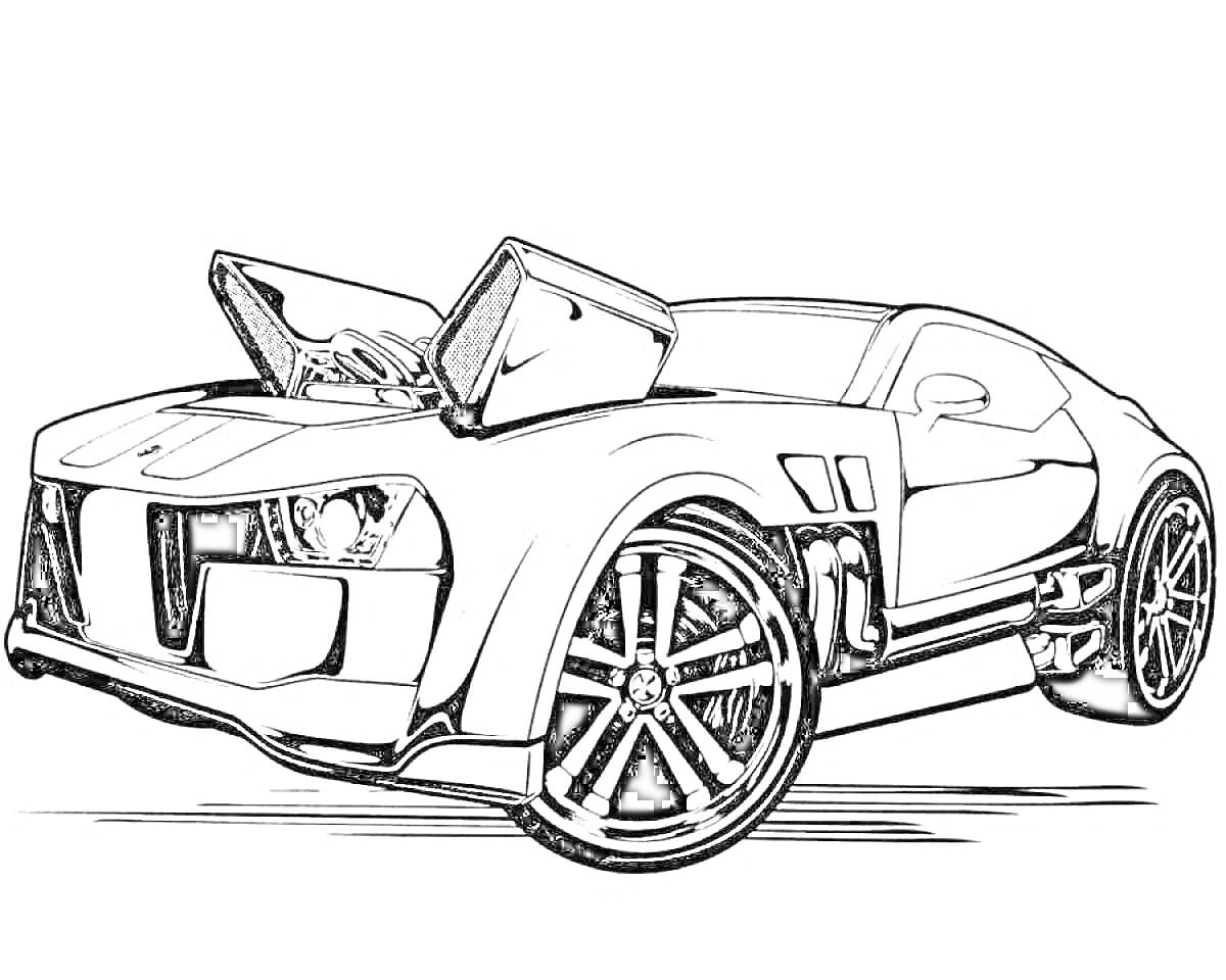 На раскраске изображено: Хот вилс, Открытые двери, Большие колеса, Спортивный автомобиль, Крутая машина