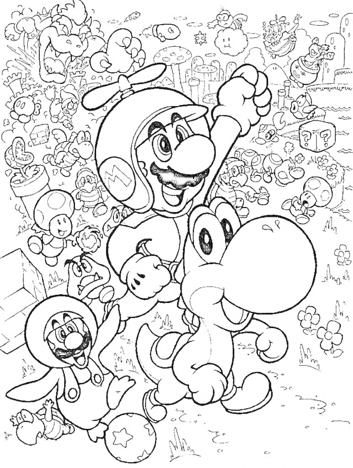 Раскраска Марио, Луиджи и Йоши в приключении в мире Марио, с различными персонажами и элементами, такими как блоки, цветы и облака