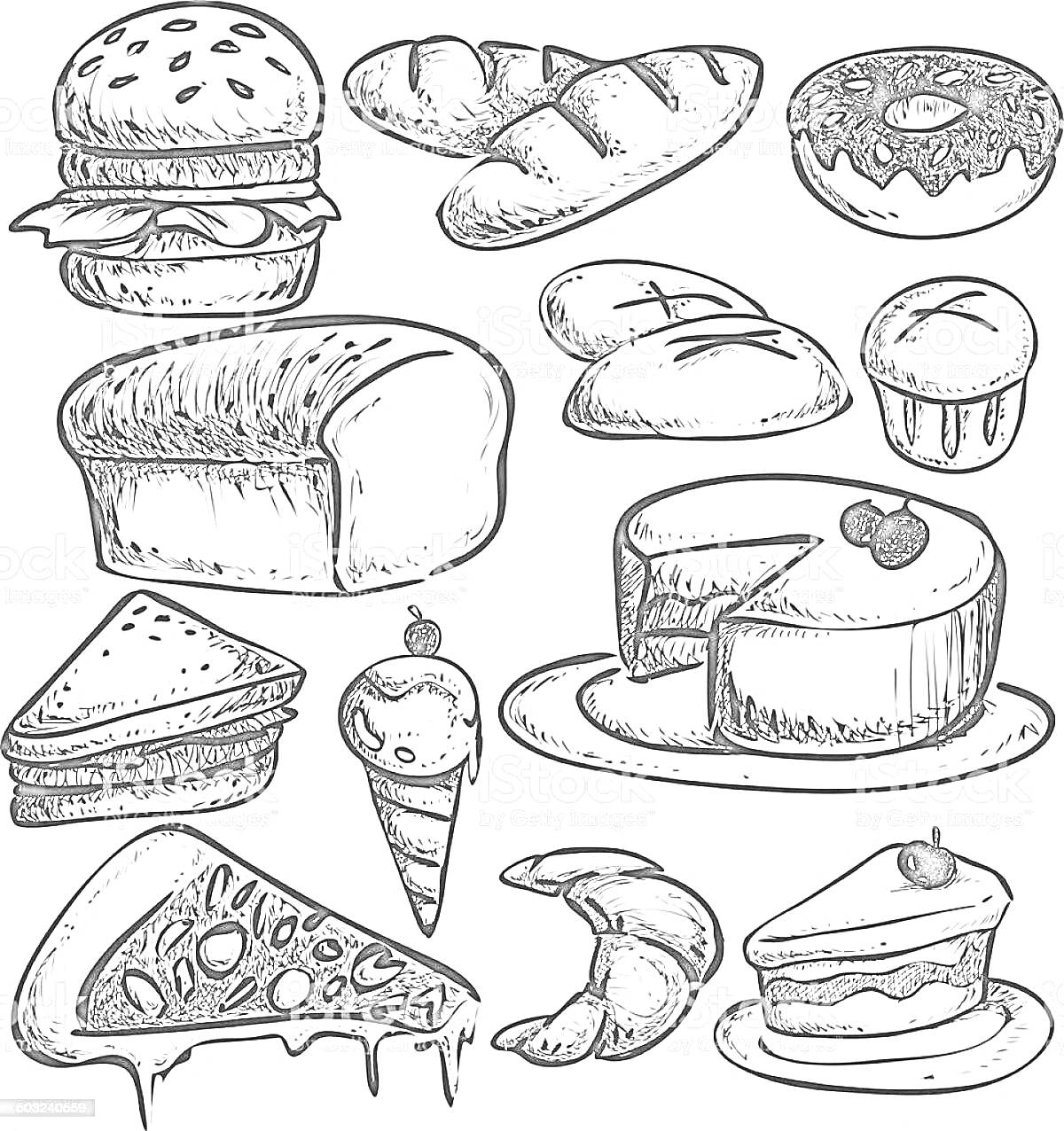 На раскраске изображено: Выпечка, Пончик, Хлеб, Маффин, Пирожное, Мороженое, Пицца, Торт, Булочка, Круассаны