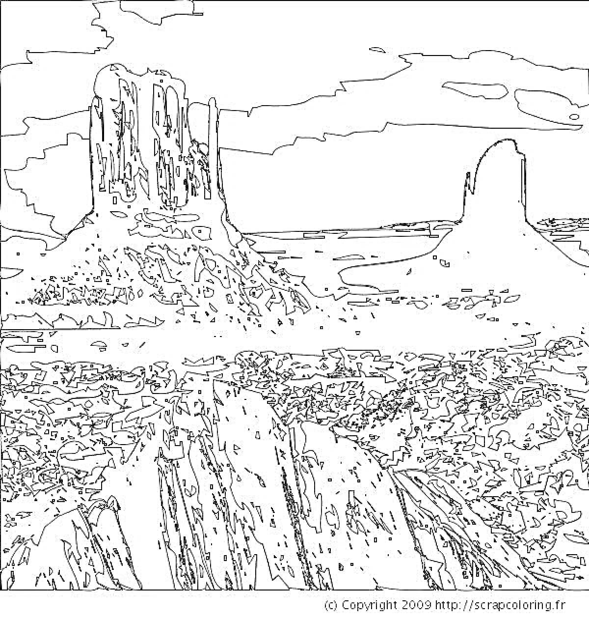 На раскраске изображено: Пустыня, Горы, Небо, Камни, Природа