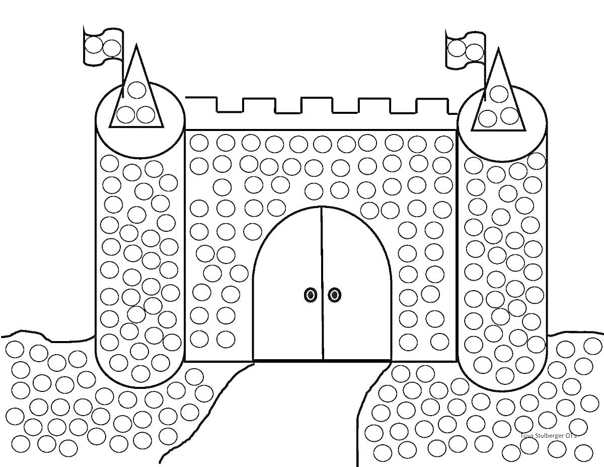 Раскраска Замок с башнями и флагами на холме для раскрашивания ватными палочками