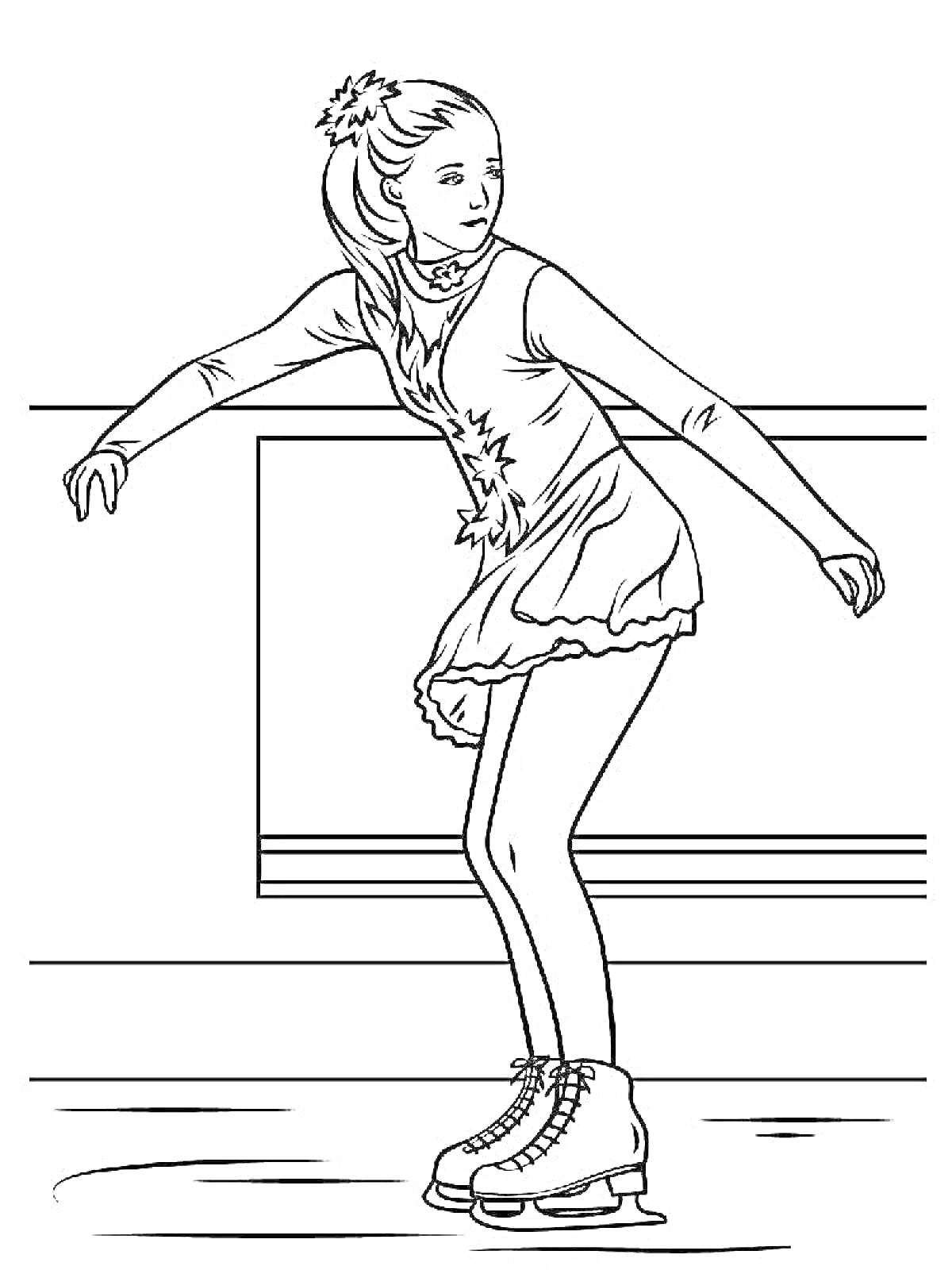 Раскраска Фигуристка на льду с собранными волосами в хвост, в платье с длинным рукавом и на коньках.