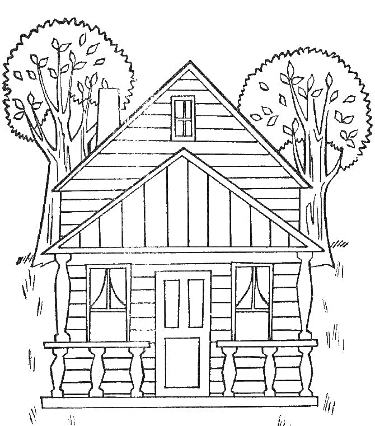 Раскраска Домик на даче под деревьями с верандой и окнами с занавесками