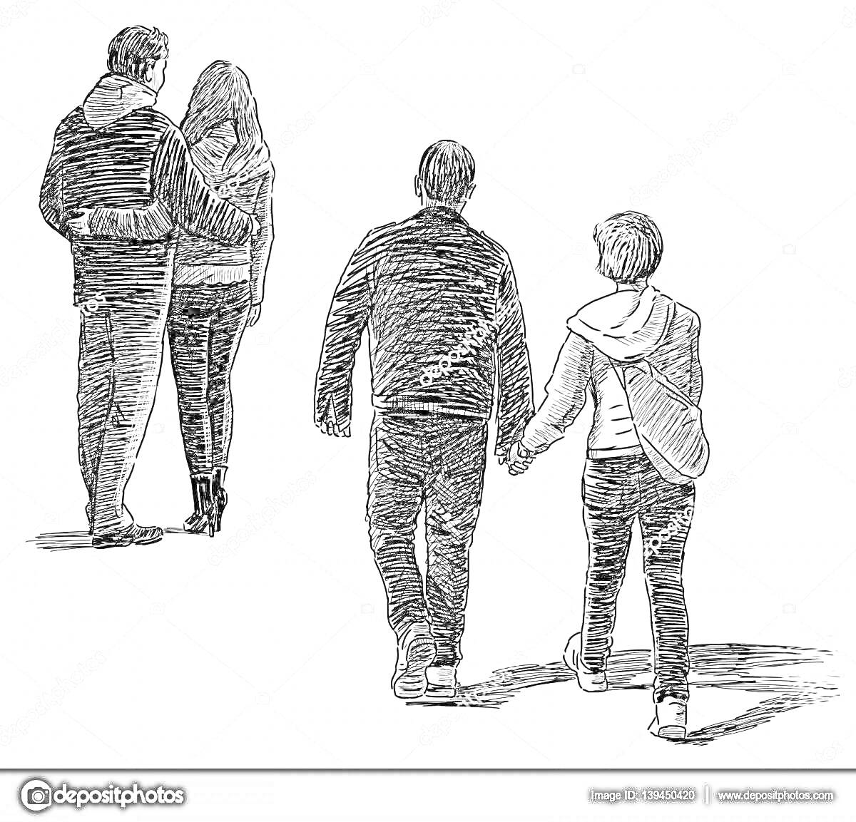 Раскраска Группы людей, идущих вдоль, вид со спины