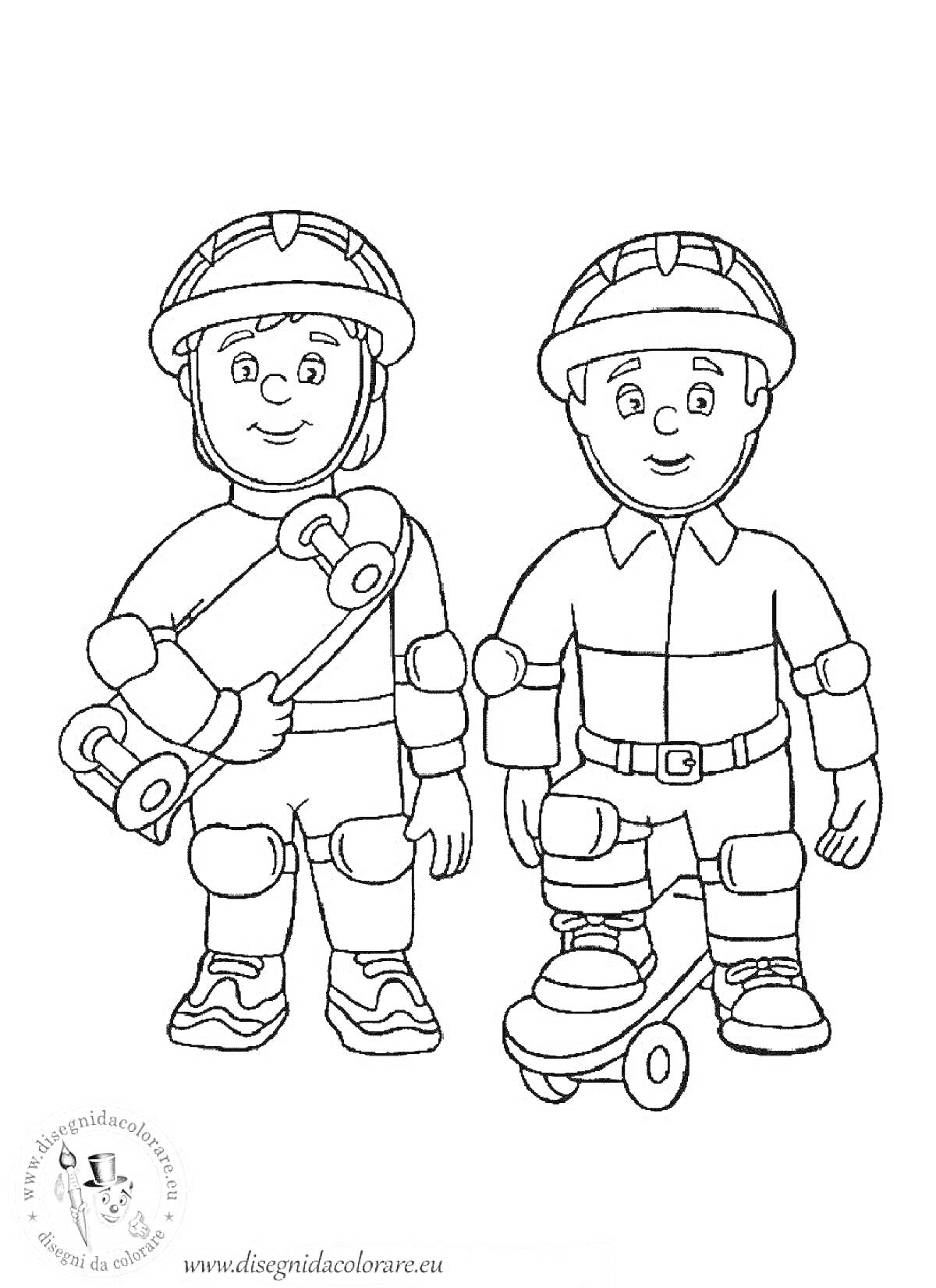 На раскраске изображено: Каска, Самокат, Защита, Форма, Пожарная служба, Безопасность, Для детей, Пожарные