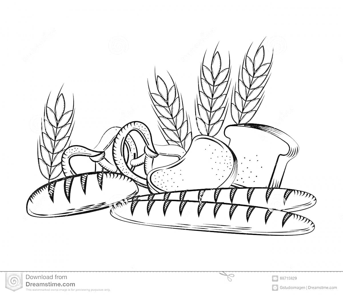 Раскраска Буханки хлеба, багеты и колосья пшеницы
