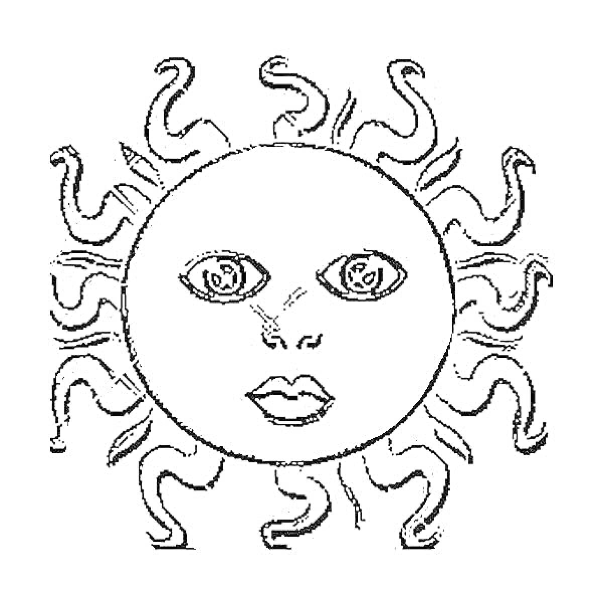 Раскраска Солнышко с лицом - солнечные лучи в виде волн