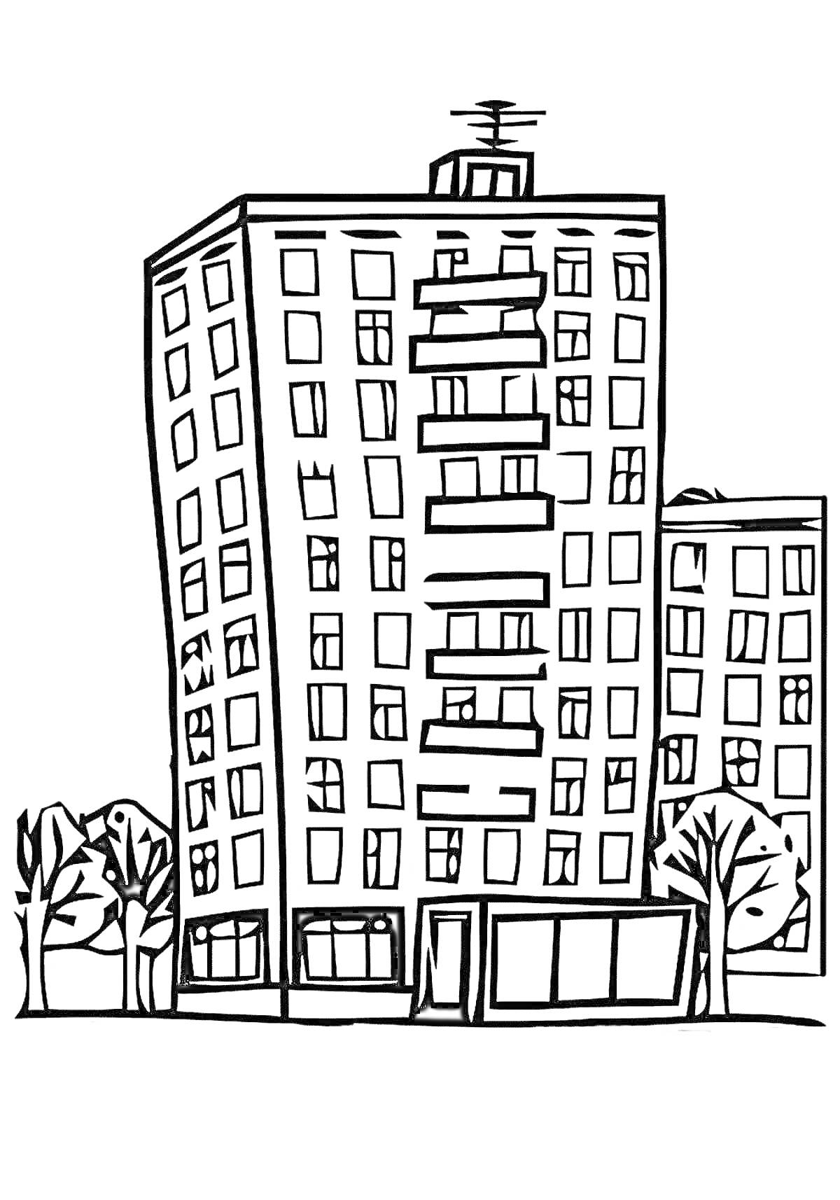 На раскраске изображено: Многоэтажный дом, Антенны, Деревья, Кусты, Окна, Дверь, Городской пейзаж