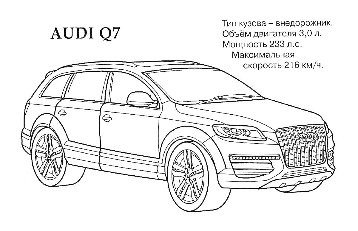 На раскраске изображено: Audi, Внедорожник, Максимальная скорость, Объем двигателя, Колёса