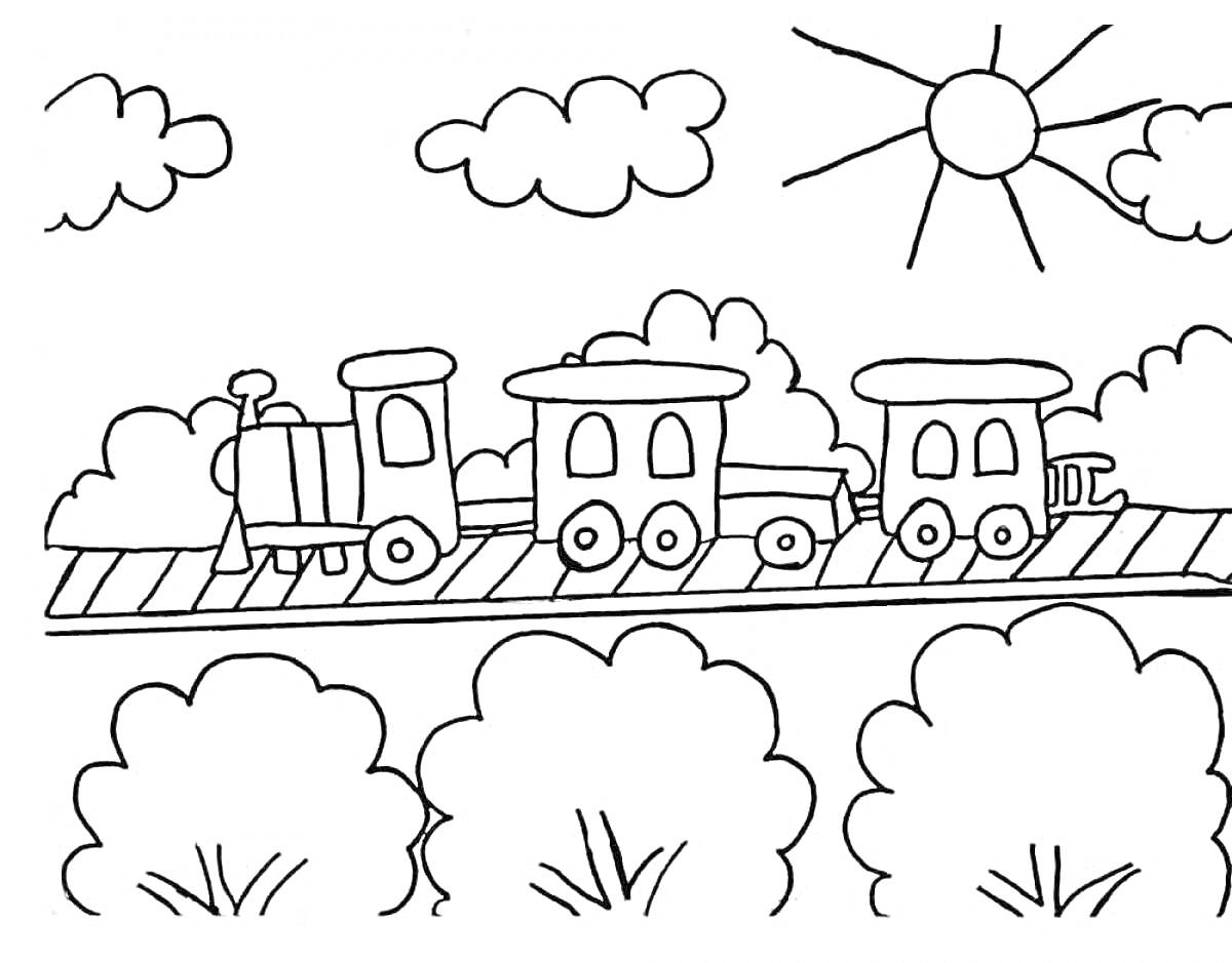 Раскраска Паровоз с тремя вагонами на железной дороге с облаками, солнцем и деревьями