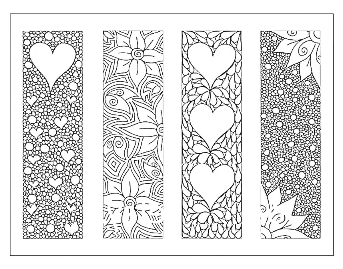 Раскраска Закладки с сердцами, цветами и узорами для девочек