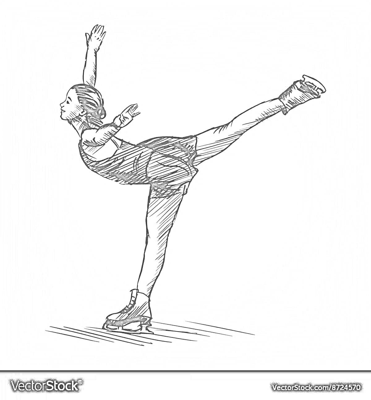 Раскраска Фигуристка выполняет элементы на коньках с поднятой ногой и вытянутой рукой