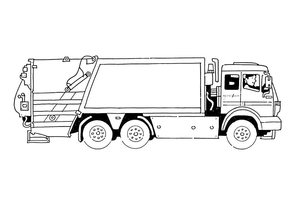 Раскраска Мусоровоз с двумя колесными осями, дверью, задним контейнером для мусора и кабиной водителя
