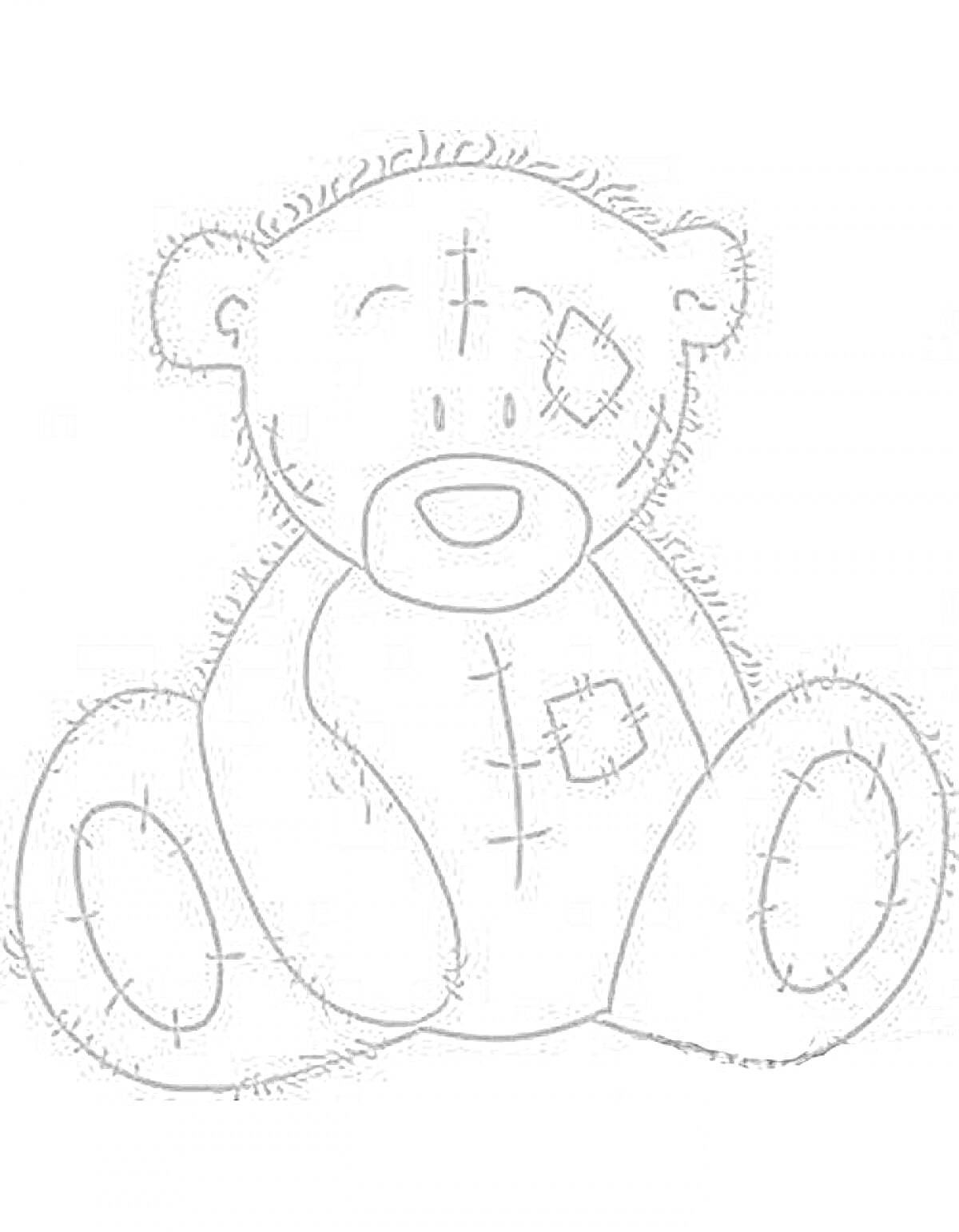 На раскраске изображено: Мишка Тедди, Плюшевый медведь, Швы, Заплатки, Мягкие игрушки