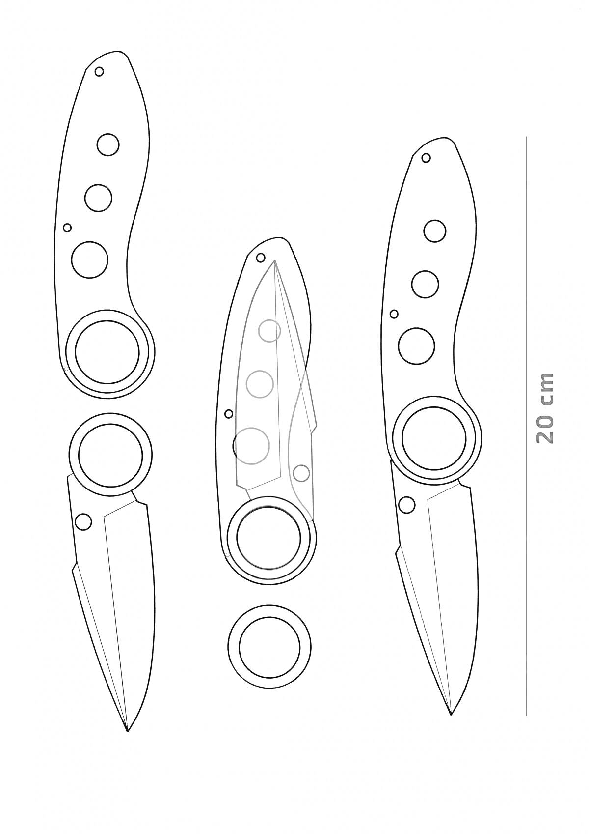 Раскраска Три ножа куная из игры Standoff 2 с круглыми отверстиями и общей длиной 20 см