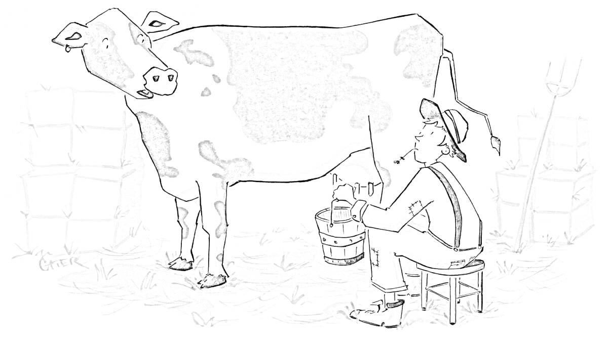 На раскраске изображено: Корова, Молоко, Сено, Вилы, Ферма, Крестьянка