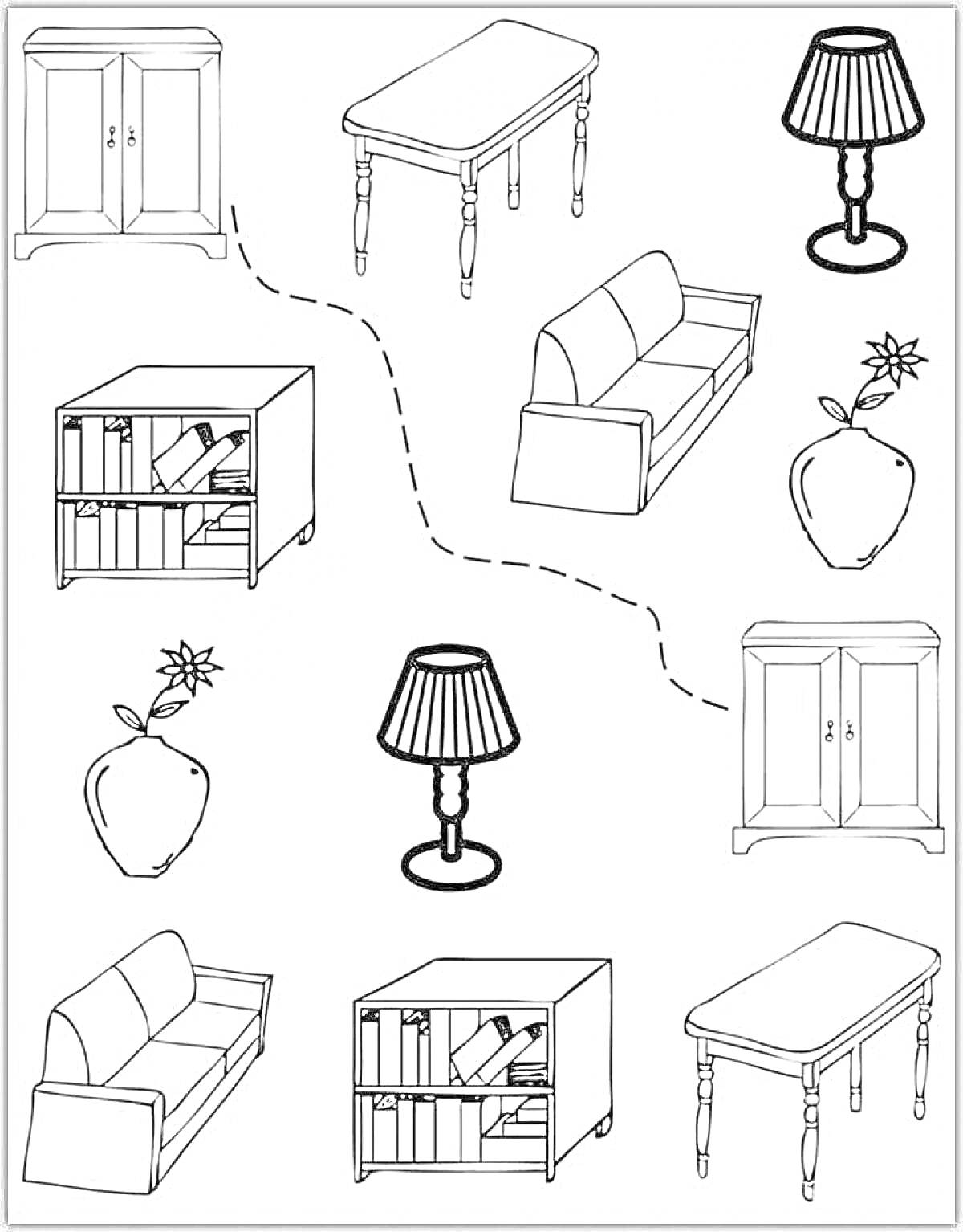 Раскраска Раскраска с мебелью для дошкольников - шкаф, стол, лампа, диван, книжный шкаф, яблоко с цветком