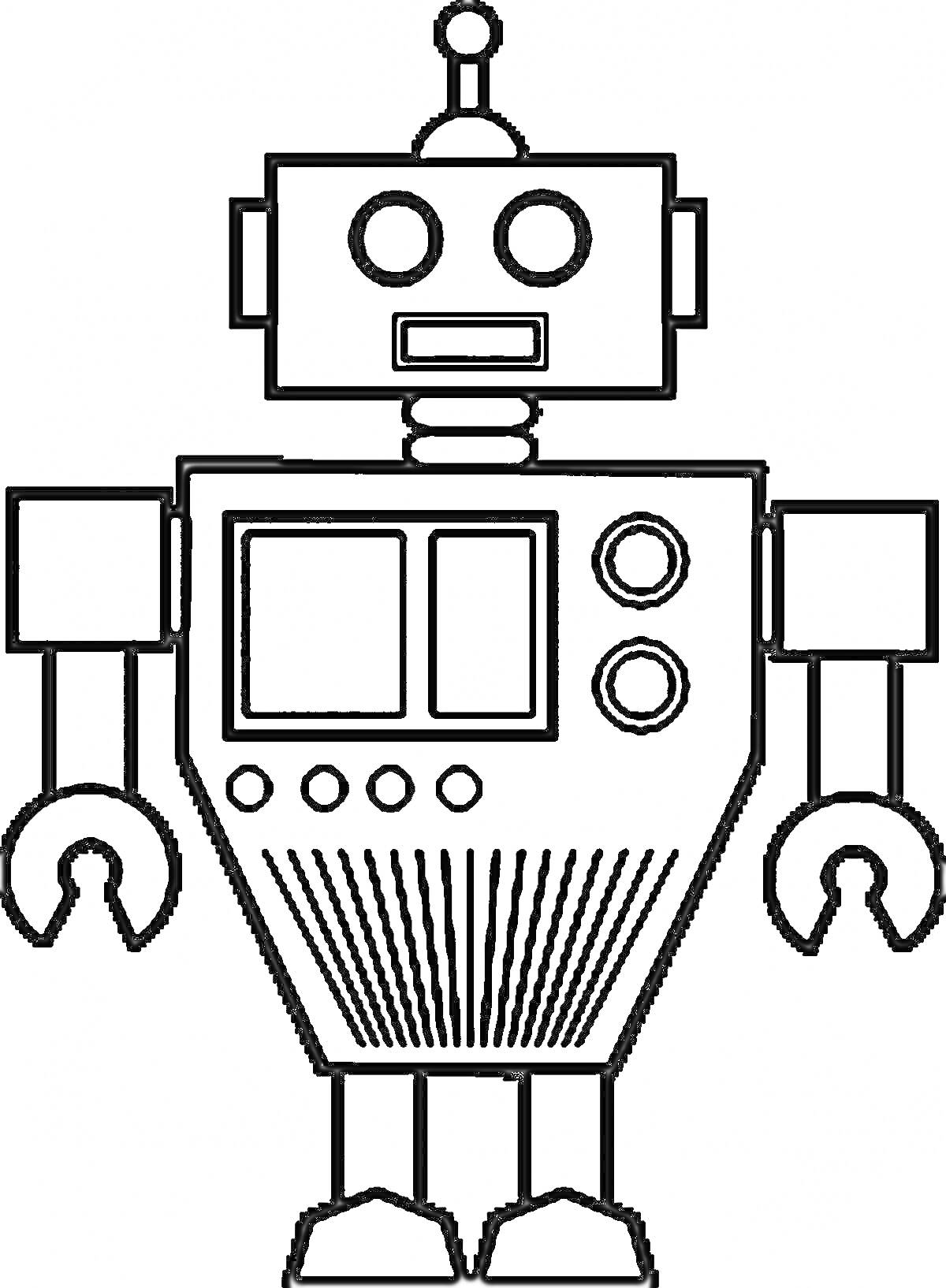 Раскраска робот с антеннами, круглыми глазами и клешнеобразными руками
