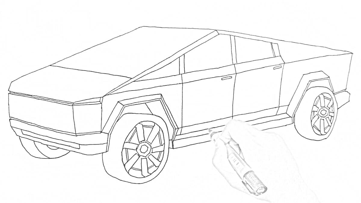 Раскраска Рисунок человека, раскрашивающего контур Tesla Cybertruck