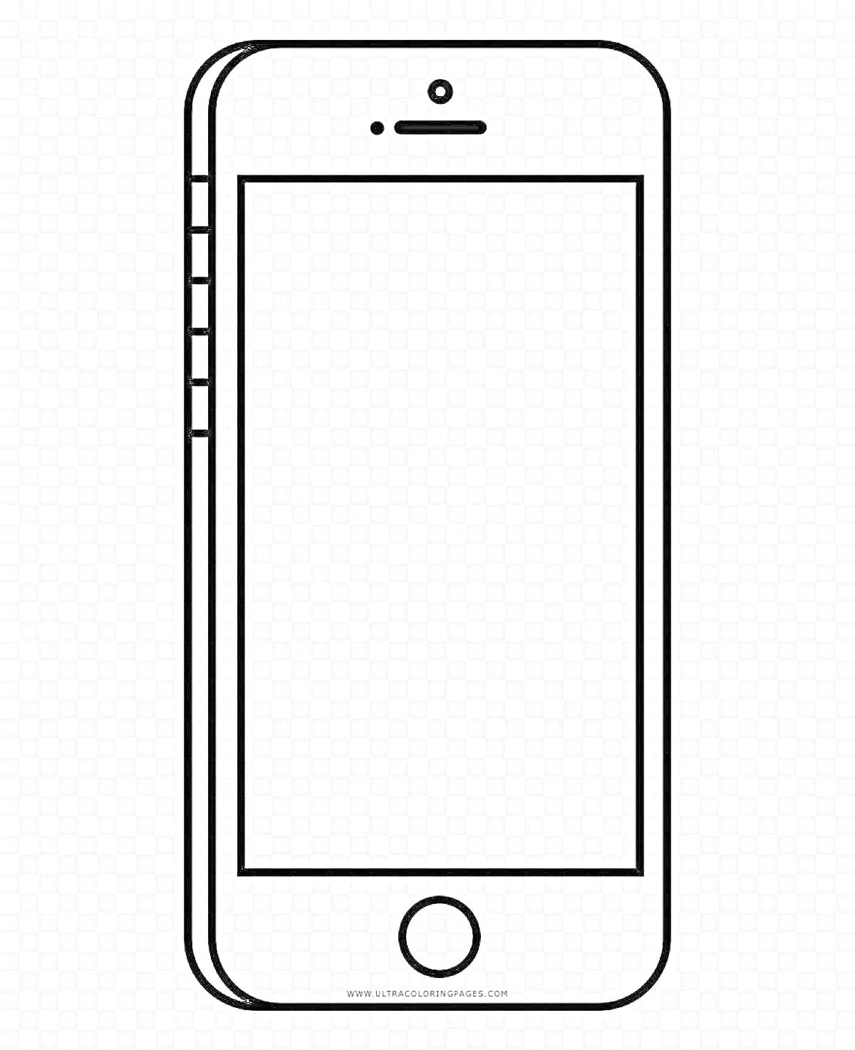Раскраска Чёрно-белая раскраска телефона айфон, показывающая переднюю часть с кнопкой 