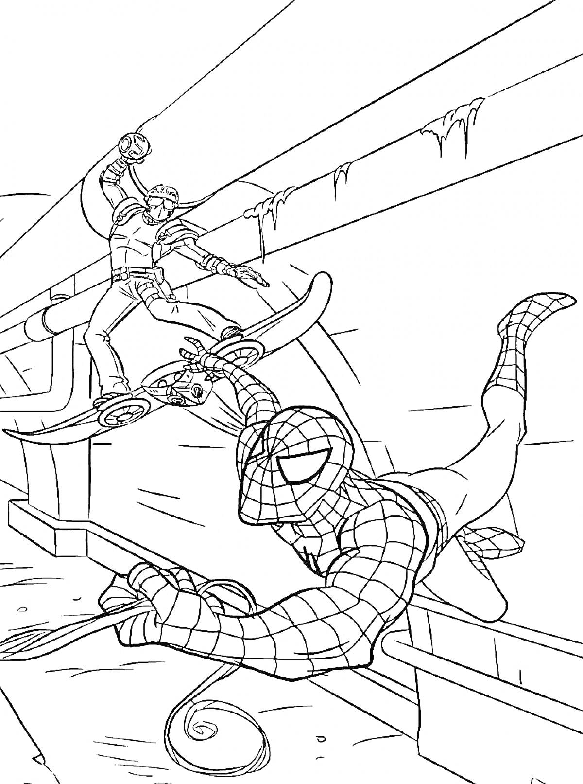 Раскраска Человек-Паук сражается с противником на летающей платформе в подземелье