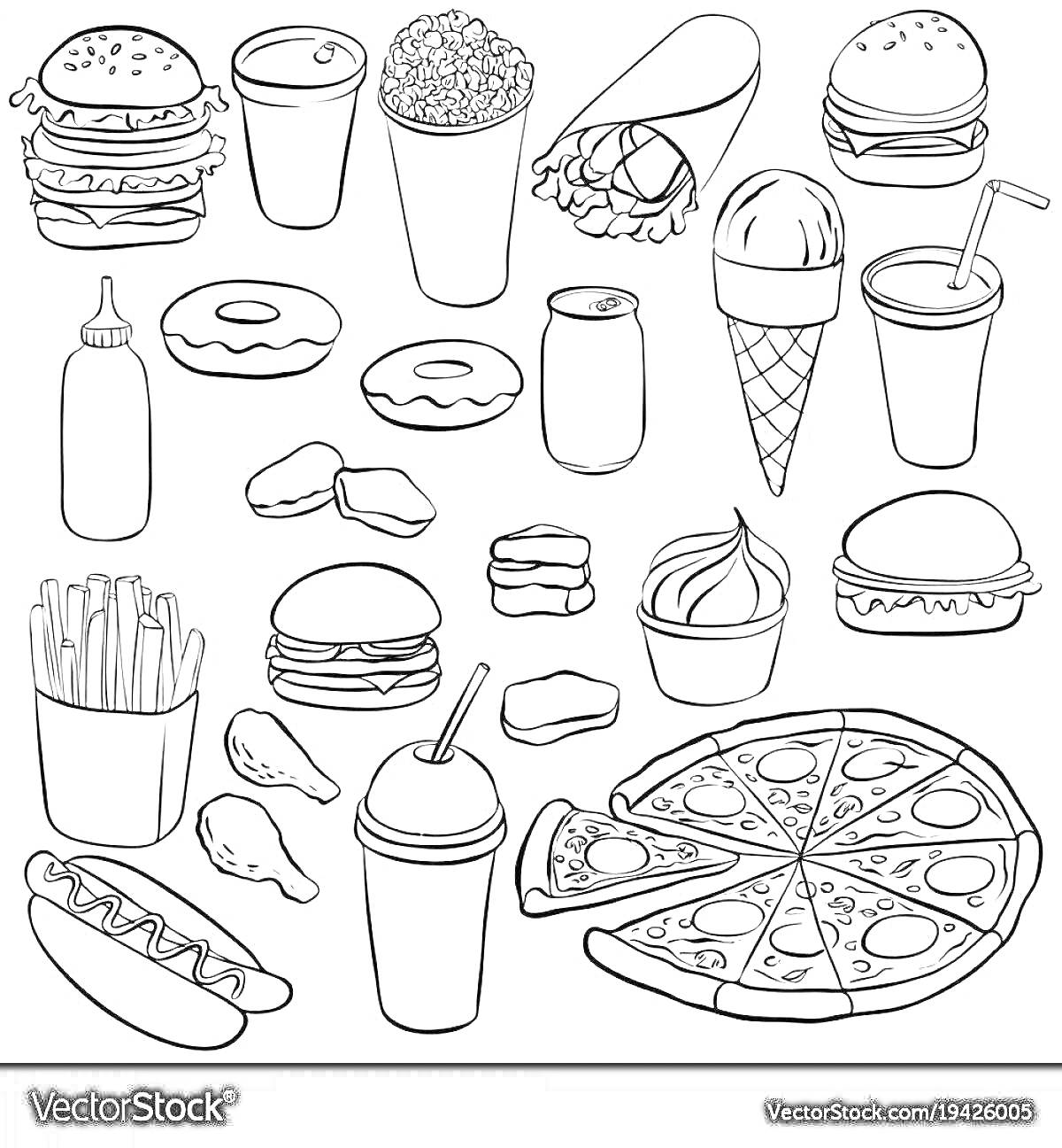 На раскраске изображено: Гамбургер, Мороженое, Газировка, Печенье, Хот-дог, Картофель, Пицца, Соус, Пончик, Картофель фри