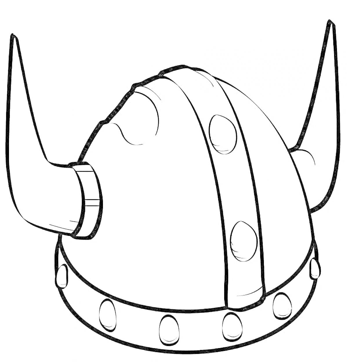 Раскраска Шлем викинга с рогами, заклепками и декоративной полосой