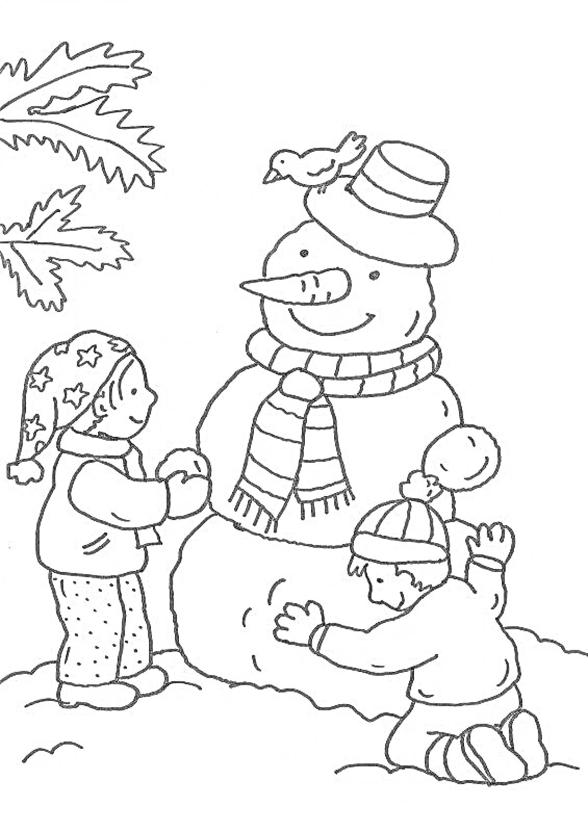 Раскраска дети лепят снеговика с шарфом и шляпой, птица на шляпе, дерево