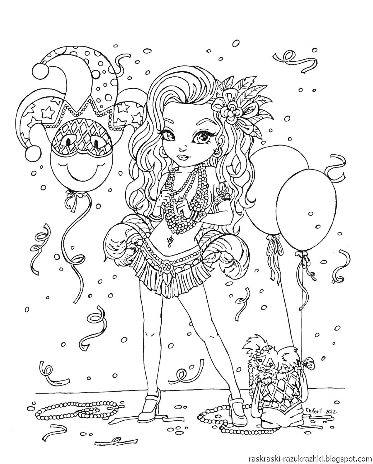 Раскраска Девочка на карнавале с веселой маской и шарами, одетая в карнавальный костюм с украшениями и цветами в волосах