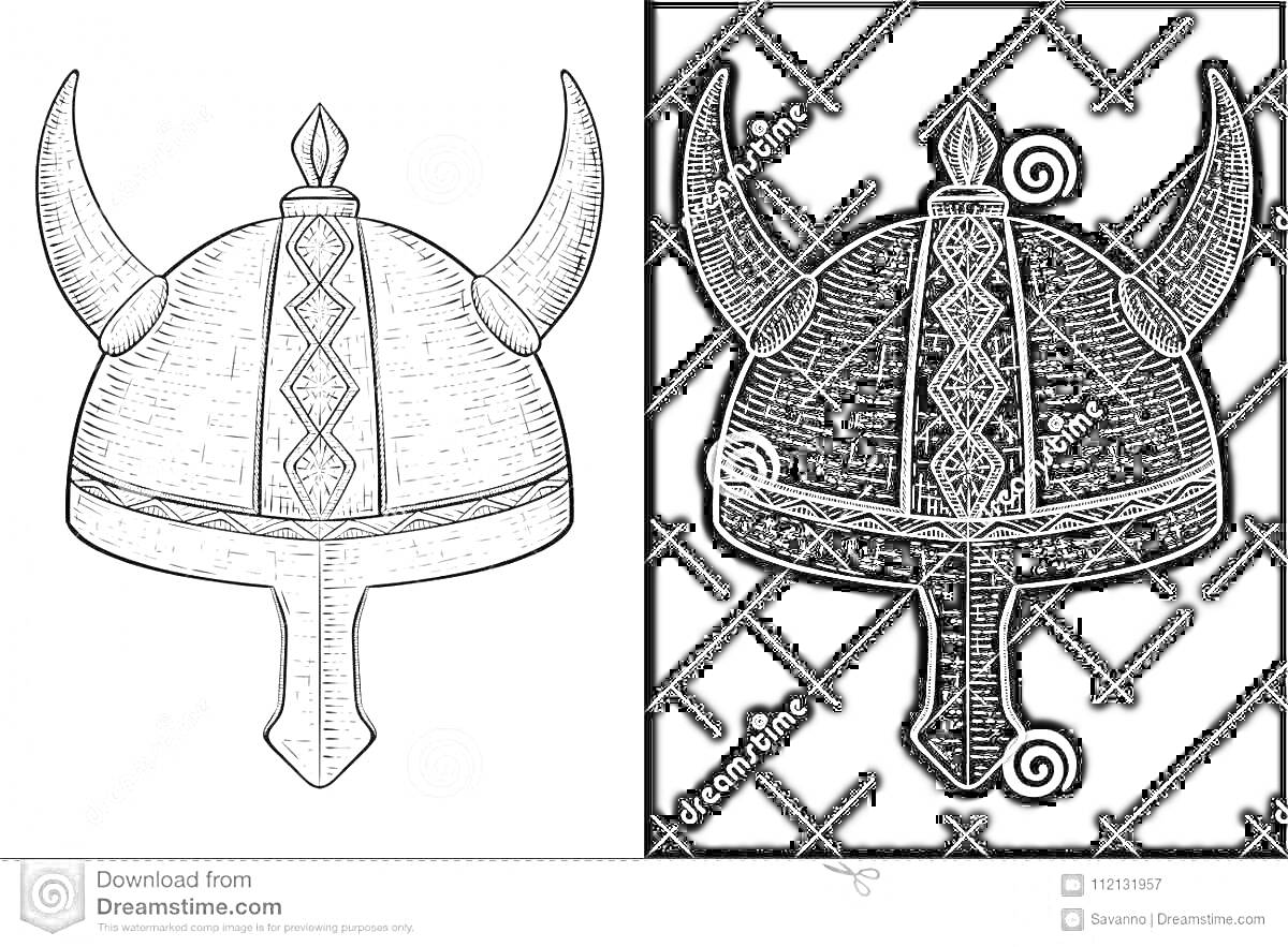 На раскраске изображено: Богатырь, Рога, Орнамент, Средневековье, Викинг, Белый фон