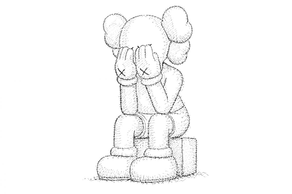 Раскраска сидящая фигура KAWS, закрывающая лицо руками