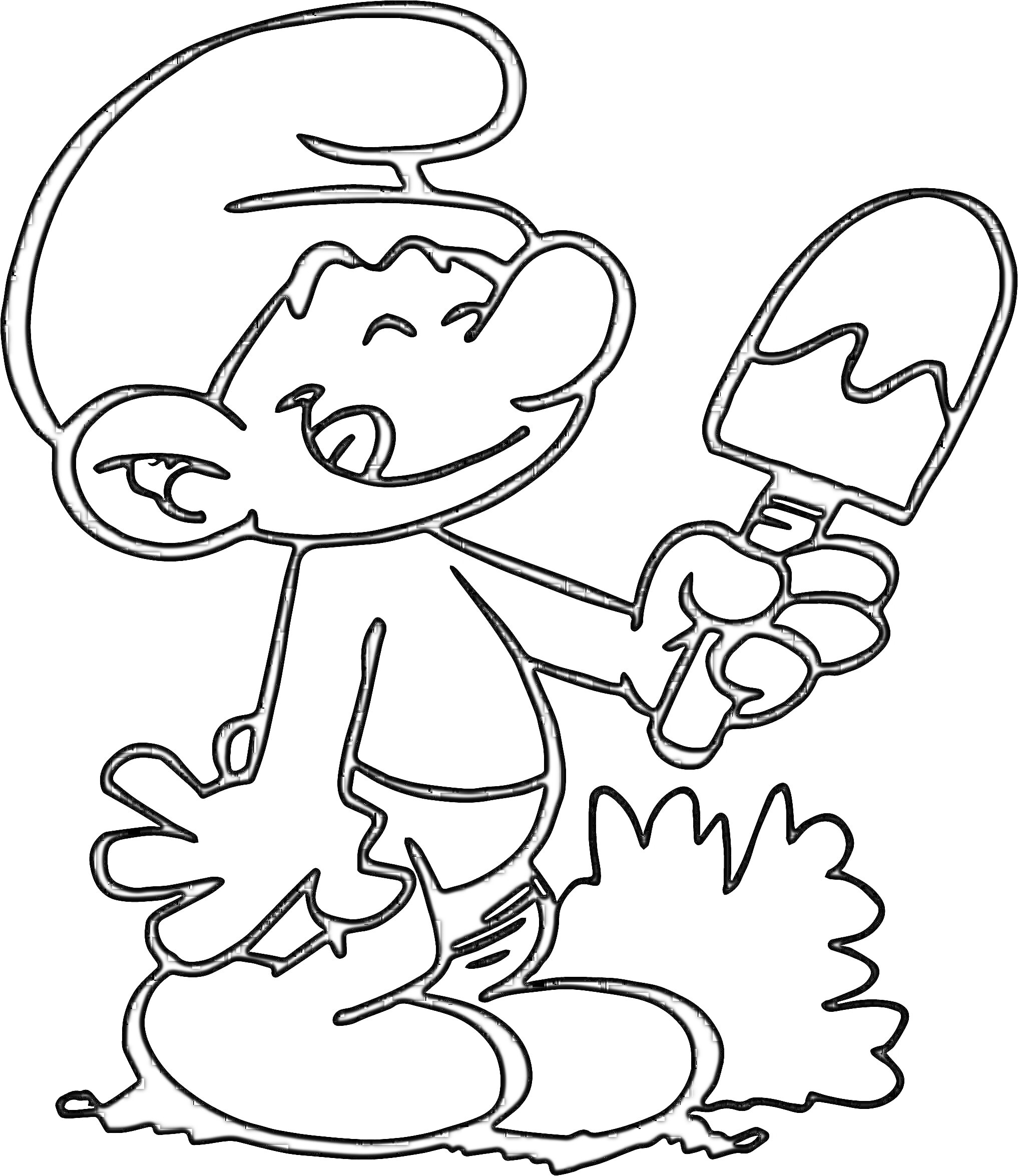 Раскраска Шутливый персонаж с мороженным, растущим кустом на заднем плане