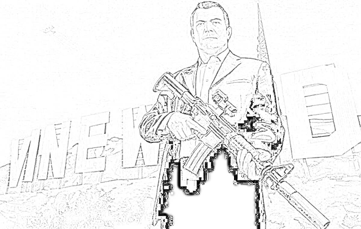 Раскраска Человек с винтовкой на фоне знака Vinewood из GTA 5