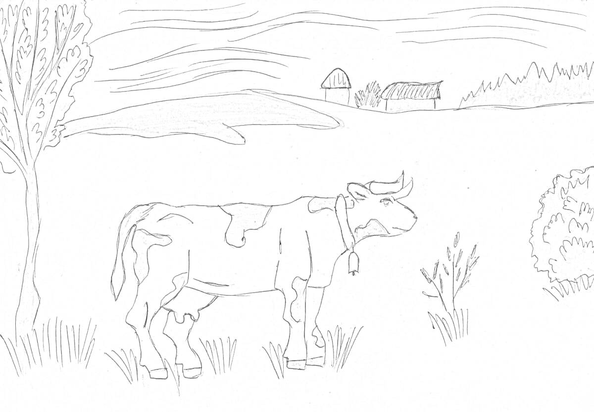 Раскраска Корова на фоне деревенского пейзажа с домами, деревьями и кустами