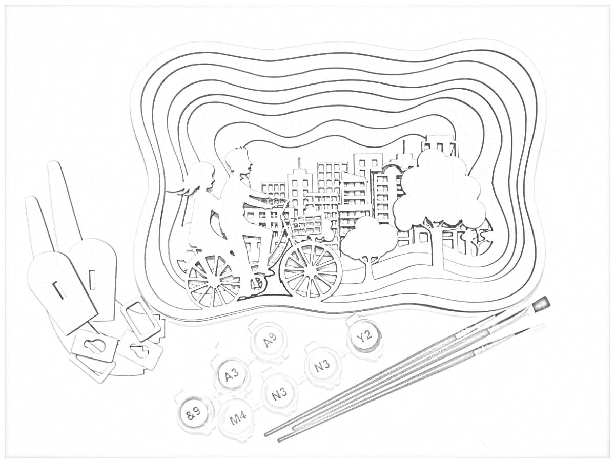Раскраска Многослойная деревянная раскраска с изображением города, велосипеда, кареты и дерева