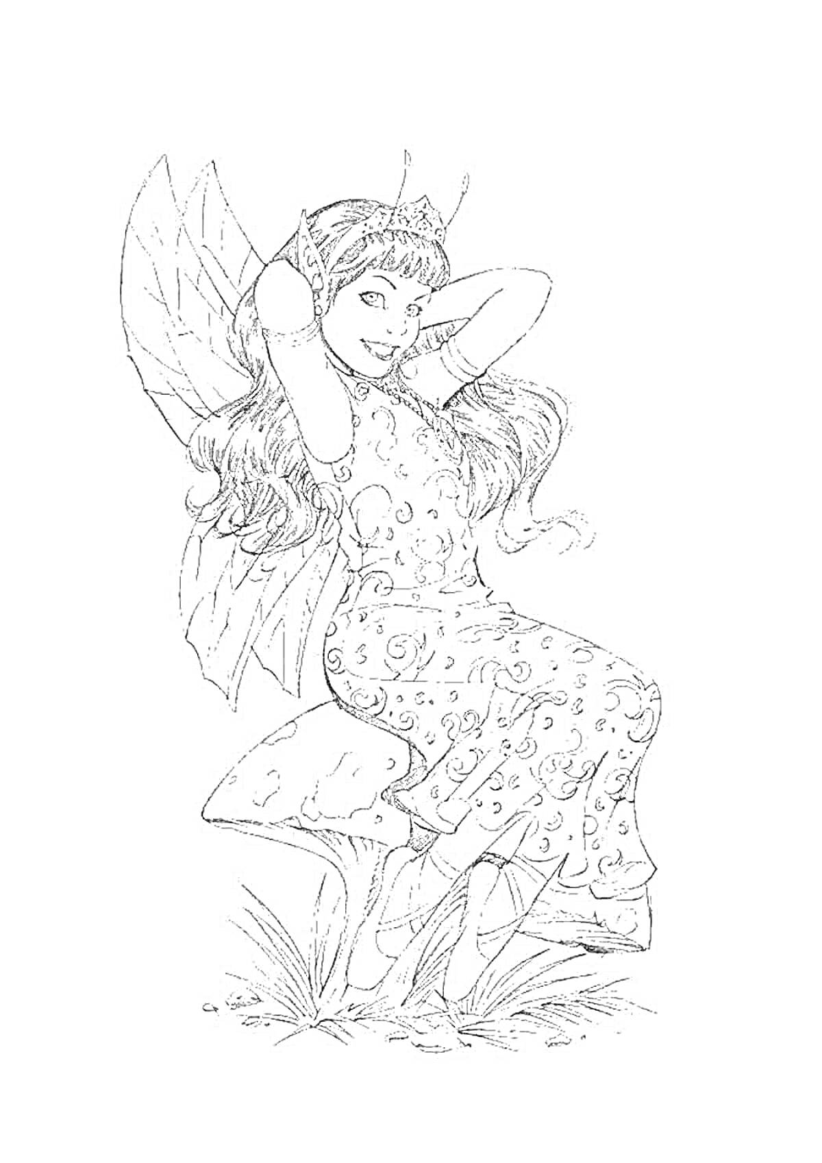 На раскраске изображено: Фея, Крылья, Лес, Длинные волосы, Платье, Природа